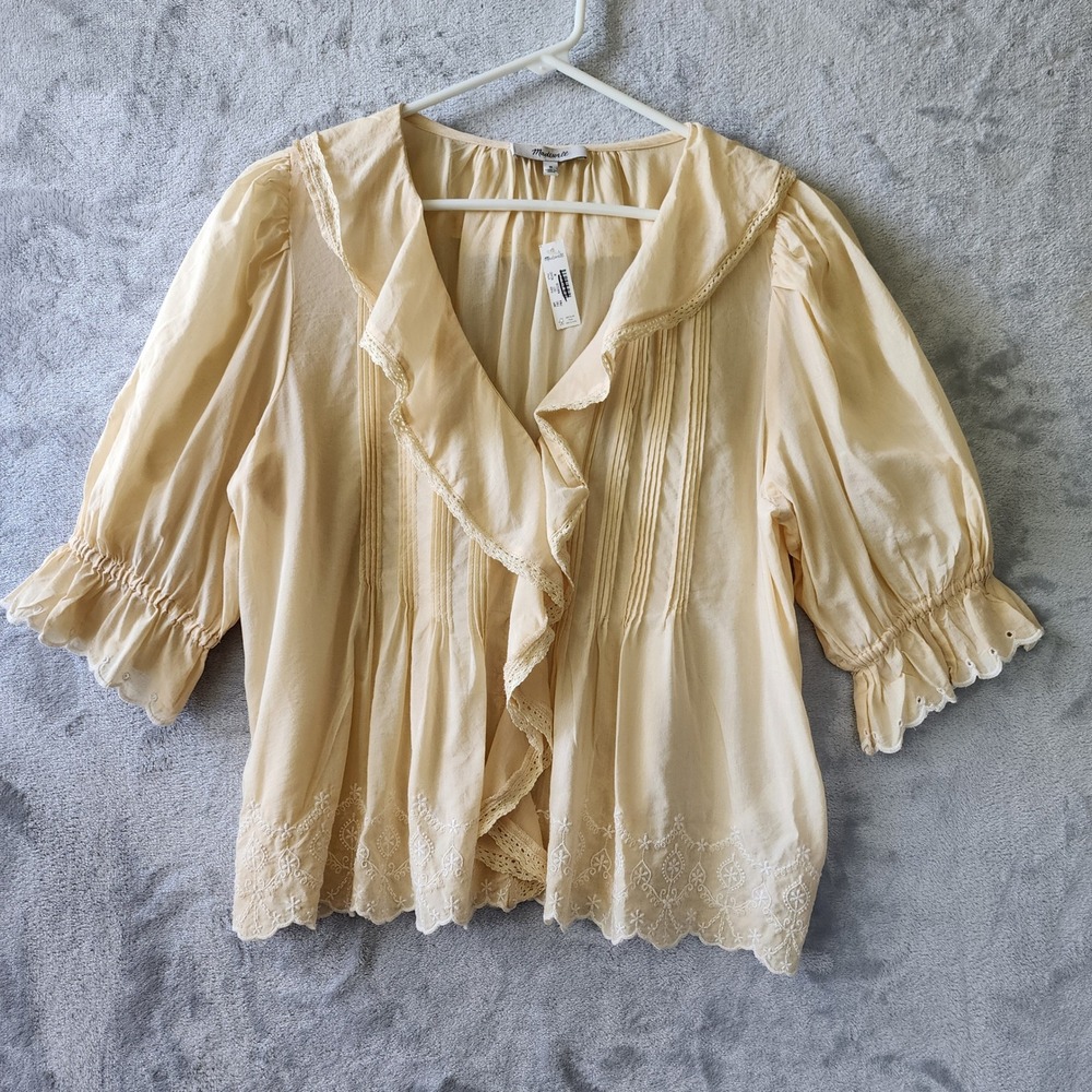 Madewell Top Womens Medium Blaire Embroidered Eyelet Ruffle Pintuck Blouse NWT